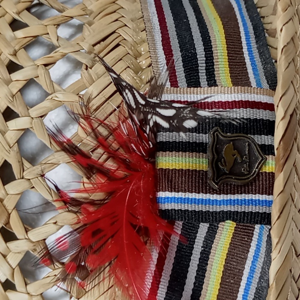 Peter Grimm Straw Pork Pie Hat w/Multi Color Crossgrain Band & Feather Accents - Picture 6 of 14